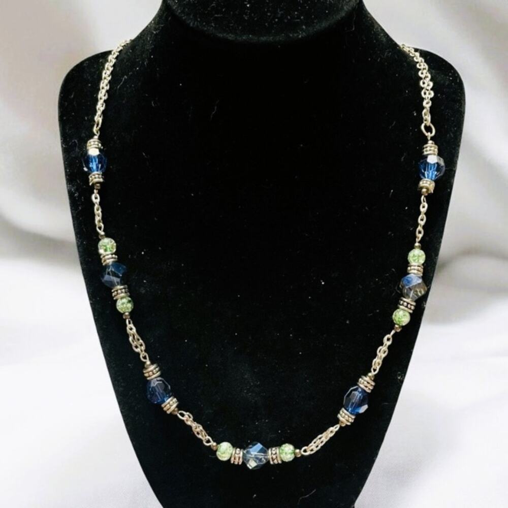 Vintage Blue Cut Crystal & Crystal Gemstones, Crackled Green Glass Bead Necklace